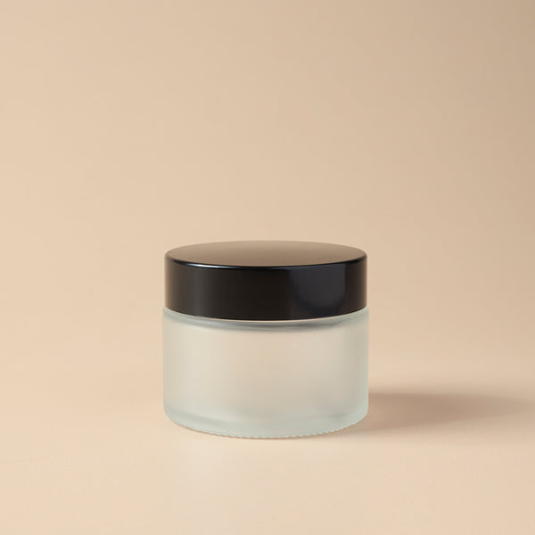 1.69 oz Frosted Glass Jar & Black Lid - close-up - Zoom Media 2