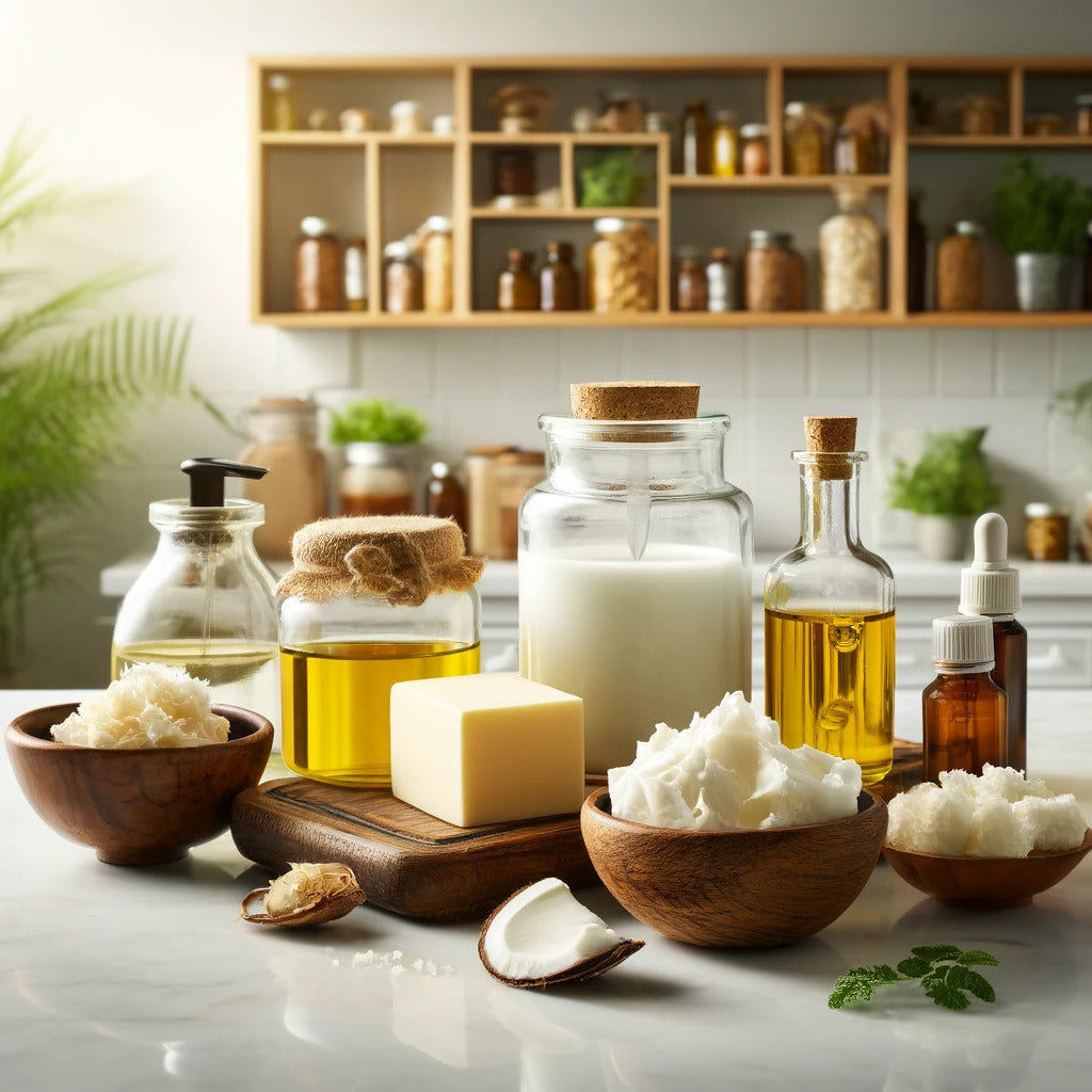 Bottles of oils and bowls of cosmetic butters on a worktop