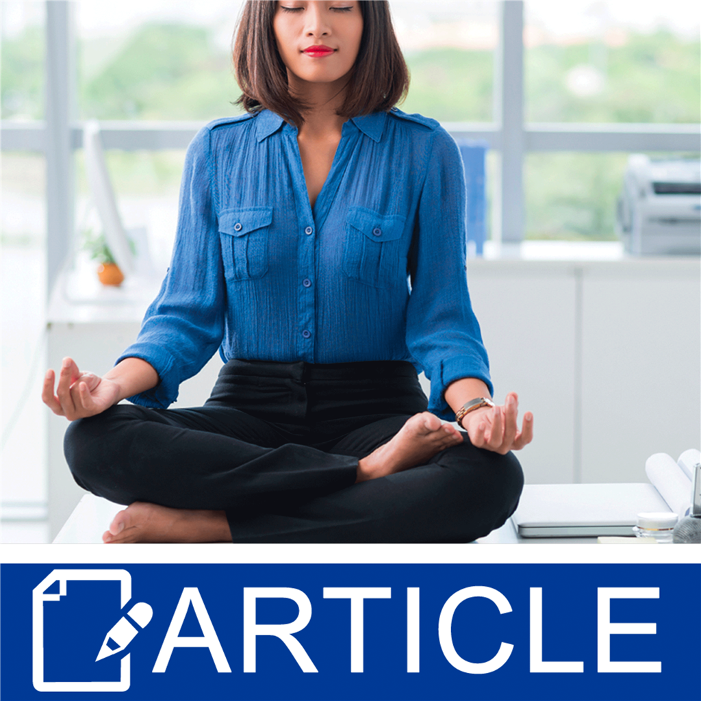 Woman meditating in an office setting with 'Article' logo at the bottom.