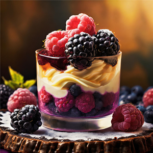 Layered dessert with berries in a glass on a wooden surface - Featured Image